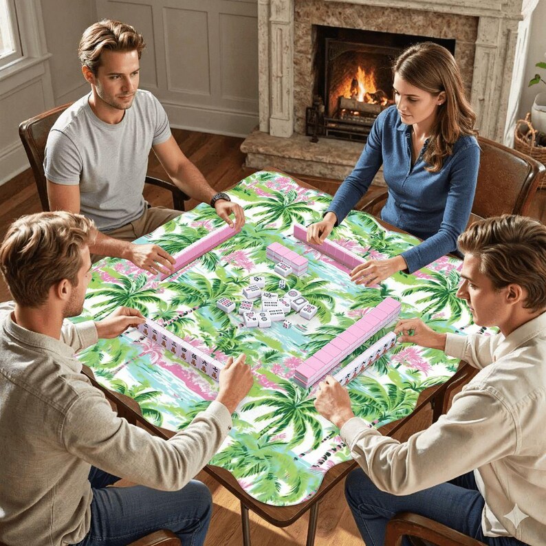 Scalloped Mahjong Mat Palm Beach Mahj Table cover Green Pink Mahj-Jong Game mats Charleston Coastal Mat Triple Layer Cushioned Mat with Bag afbeelding 5