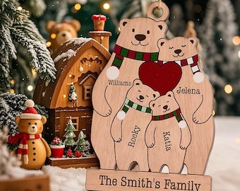 Personalized Family Bear Christmas Ornament, Custom Wooden Holiday Decor
