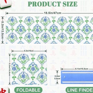 May include: A set of four foldable Mahjong accessories. The product size is 18.5 inches by 5.3 inches (47cm x 13.5cm). The accessories have a white background with a blue and green floral pattern. The image also shows a line finder.