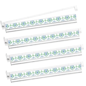 May include: A set of five clear plastic shelf dividers with a decorative floral pattern. The pattern features blue and green flowers and leaves on a white background. The dividers are designed to be installed on a shelf.