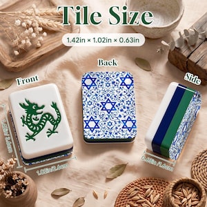 May include: Three rectangular mahjong tiles labeled Front, Back, and Side. The front tile features a green dragon, the back shows a blue Star of David pattern, and the side displays blue and green stripes. Dimensions are 1.42in x 1.02in x 0.63in.