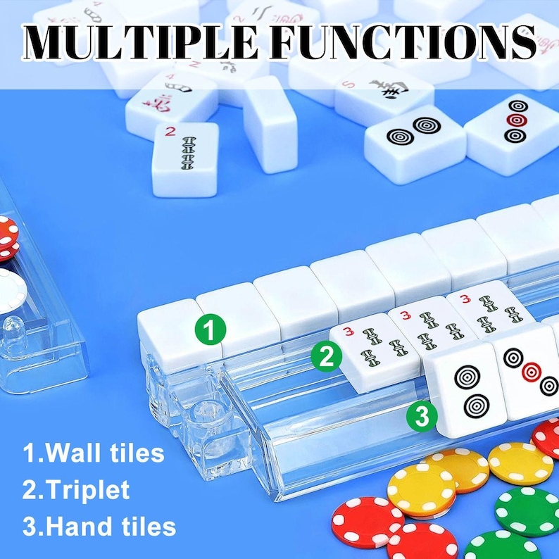 May include: A set of white Mahjong tiles with black symbols and red, yellow, and green chips on a blue surface. The image includes the text "MULTIPLE FUNCTIONS" and labels for wall tiles, triplets, and hand tiles.