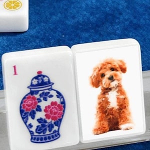 May include: Two white rectangular mahjong tiles. The left tile features a pink number 1 and a blue and pink floral ginger jar illustration. The right tile displays a realistic image of a brown and white curly-haired dog sitting upright.