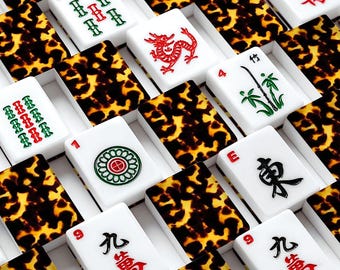 Tortoise Shell Mahjong Tiles American Mahj Tile Set Leopard Print Classic Mah-Jongg 166 tiles, NMJL Acrylic Tiles, Game Set with Dices Case