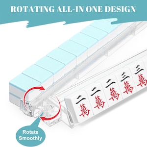 May include: A clear plastic Mahjong tile holder with light blue tiles and white tiles with red and black characters. The text "ROTATING ALL-IN ONE DESIGN" is at the top. The text "Rotate Smoothly" is on a blue bubble.