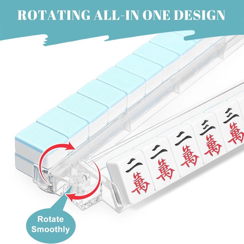 May include: A clear plastic Mahjong tile holder with light blue tiles and white tiles with red and black characters. The text "ROTATING ALL-IN ONE DESIGN" is at the top. The text "Rotate Smoothly" is on a blue bubble.