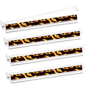 May include: Four clear plastic curtain rods with a tortoiseshell pattern. The rods are rectangular with a clear plastic frame and a decorative strip of brown, yellow, and black. The rods are designed to hang curtains.