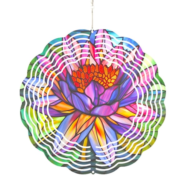 Flower Wind Spinner Stained glass print Watercolor Waterlily Hanging Garden Spinner Outdoor Decor Lotus Wind Chimes for Porch Decoration