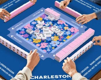 Floral blau Mahjong-Passepartout mit Regeln 80cm x 80cm 3 mm Dicke (aufgerollt)