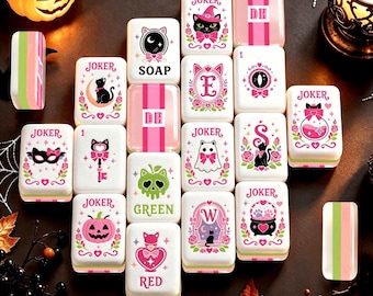 Custom Monogram Mahjong Tiles, Pink Witch's Familiar Halloween Game Set