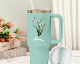 Custom Travel Mug with Name and Birth Flower Insulated Tumbler Handle Straw Coffee Cup Birthday gift for her Bridesmaid gift copy 1