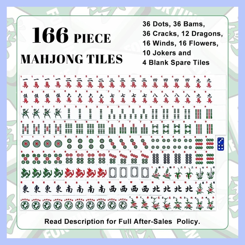 May include: A 166-piece Mahjong tile set with a variety of symbols and characters in red, green, and black. The set includes 36 dots, 36 bams, 36 cracks, 12 dragons, 16 winds, 16 flowers, 10 jokers, and 4 blank spare tiles. The text "166 PIECE MAHJONG TILES" is displayed.