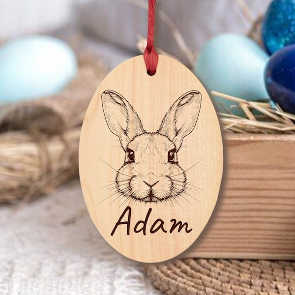 Personalized Wooden Easter Basket Tag with Name Custom Kids Easter Tag Bunny face Rustic Easter Name Tag Easter Gift for Boys Wood Magnet