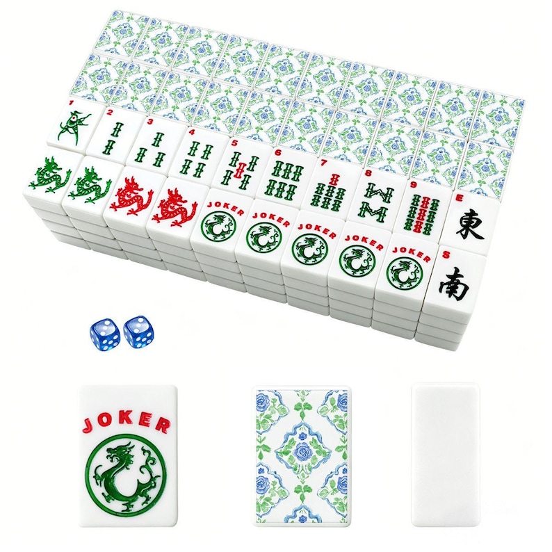 Grandmillennial Mahjong Tiles Set Hydrangea Mah-jongg Set, American Mahj Tiles Blue Green Floral Chinoiserie Mahj Gift, 166 Acrylic Tiles afbeelding 2