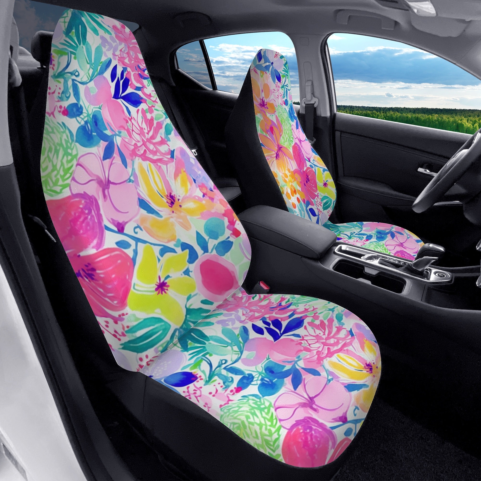 Grey Vintage Floral Print Car Seat Covers