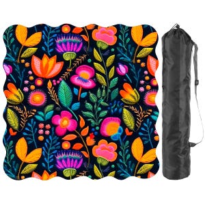 May include: A colorful yoga mat with a floral design featuring pink, orange, and yellow flowers on a dark blue background. A black carrying bag with a shoulder strap is included.