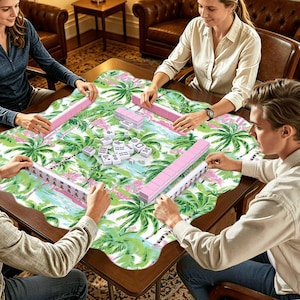 Scalloped Mahjong Mat Palm Beach Mahj Table cover Green Pink Mahj-Jong Game mats Charleston Coastal Mat Triple Layer Cushioned Mat with Bag afbeelding 8