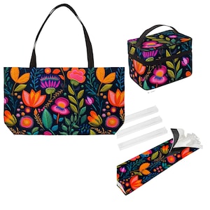 May include: A tote bag, cosmetic bag, and a folded item, all featuring a vibrant floral pattern in orange, pink, and teal on a dark blue background. The tote bag has black handles.
