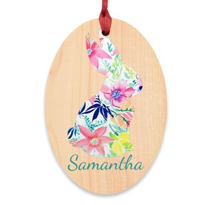 Paasmandje met naam, aangepaste paastag, konijntjestags, gepersonaliseerd paascadeau voor kinderen Schattig konijn aquarel bloemen houten ornament