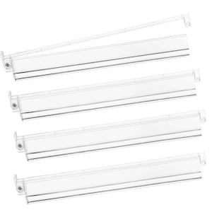 May include: A collection of clear plastic shelf label holders. Each holder is rectangular with a thin silver stripe and a small clip at each end. One holder is detached and positioned above the others.