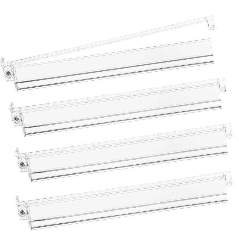 May include: A set of clear plastic shelf label holders. Each holder has a rectangular shape with a thin silver stripe and a small clip on each end. One holder is detached and angled above the others.