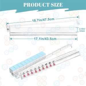 May include: Clear plastic mahjong tile rack with dimensions labeled as 18.7 inches long and 2.12 inches high. The rack is shown with a set of tiles, some with blue tops and Chinese characters. The text "PRODUCT SIZE" is at the top.