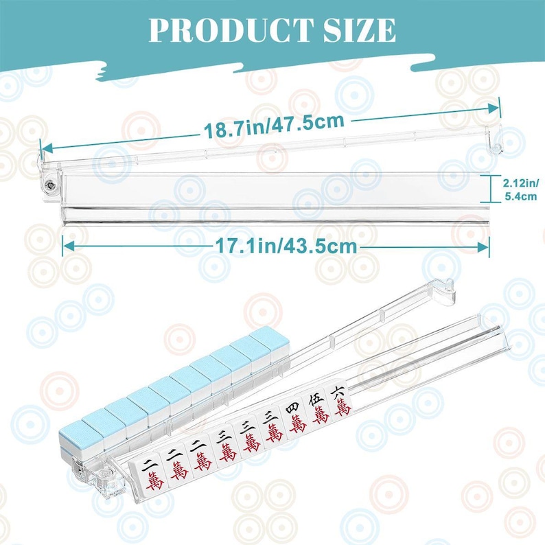 May include: Clear plastic mahjong tile rack with dimensions labeled as 18.7 inches long and 2.12 inches high. The rack is shown with a set of tiles, some with blue tops and Chinese characters. The text "PRODUCT SIZE" is at the top.
