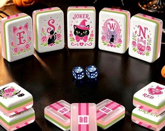 Personalized Mahjong Tiles with Custom Monogram  Pink Witchy Halloween Game Set