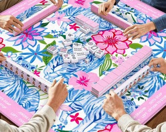 Tapete de Mahjong Tiger - Tapete de Mahjong Chinoiserie de 31.5" 3 mm Se envía enrollado con bolsa Diseño Preppy Azul y Rosa Floral Tropical Regalo para Jugadores y Anfitriones