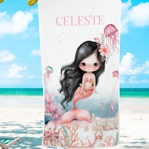Personalized Cute Mermaid Beach Towel with Name Gift for Kids Beach Vacation Birthday Gifts Girl Mermaids Party Favors Pool Bach Trip Towel