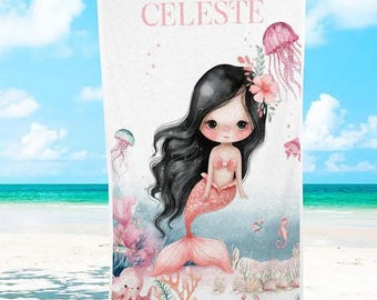 Toalla de playa personalizada de sirena: adorable toalla de franela, regalo de vacaciones para niños