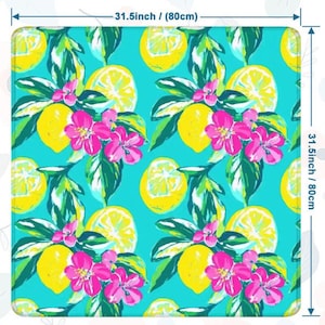 May include: A square decorative item with a vibrant pattern of yellow lemons, pink flowers, and green leaves on a turquoise background. The item measures 31.5 inches (80cm) on each side. The design is a repeating pattern of botanical elements.