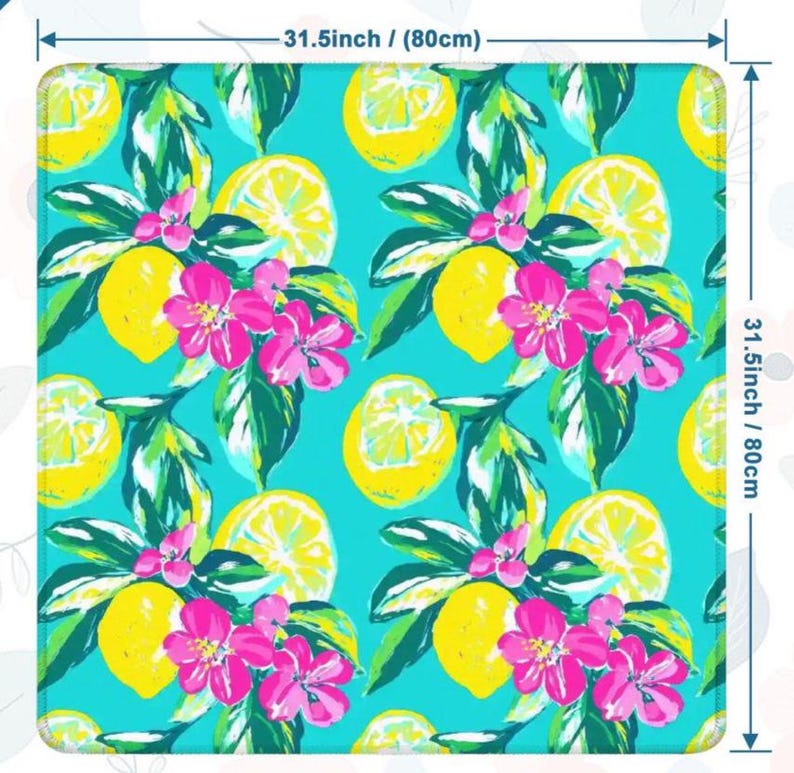 May include: A square decorative item with a vibrant pattern of yellow lemons, pink flowers, and green leaves on a turquoise background. The item measures 31.5 inches (80cm) on each side. The design is a repeating pattern of botanical elements.