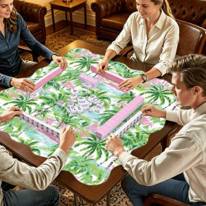 Op de afbeelding: Een groep mensen speelt mahjong aan een houten tafel. De tafel is bedekt met een tropisch thema doek met palmbomen en roze bloemen. De mahjong-tegels zijn wit met zwarte markeringen en de rekken zijn roze.