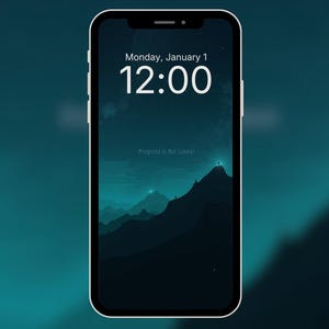 May include: A smartphone with a white frame displays a teal mountain landscape wallpaper. The time reads 12:00, with "Monday, January 1" above it. The text "Progress is Not Linear" is also visible. The background is a gradient of teal and dark teal.