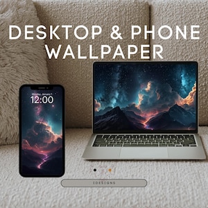 May include: A smartphone and laptop display a matching wallpaper featuring a vibrant nebula over a mountain range. The phone shows the time as 12:00 on January 1st. The text "DESKTOP & PHONE WALLPAPER" is at the top.
