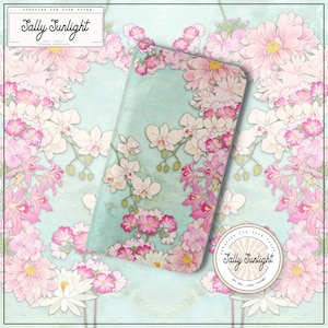 May include: A teal blue phone case with a floral design featuring pink, white, and green orchids, pink and white flowers, and green leaves. The case has a textured background and the text "Sally Sunlight" is printed on the case.