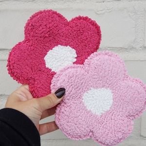 Daisy Mug Rug Coaster For Pink Lover, Handmade Unique Embroidered Christmas Gift, Aesthetic Punch Needle Mug Rug, Pink Accessories for Women
