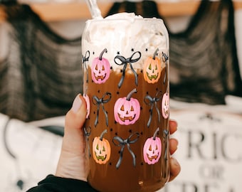 Pumpkins and Bows Coquette Halloween Glass Cup with Lid and Straw, Pink Pumpkin Fall Gift