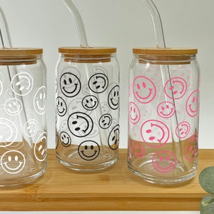 Smiley Iced Coffee Glass Smiley Glass Cup, Soda Can Glasses 16oz Glass Cups With Smiley Faces, Happy Glass Cup With Reusable Straw Mason Jar image 1