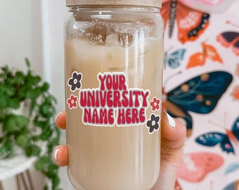 Custom College Merch Glass Cup with Lid & Straw, Personalized University Tumbler Gift