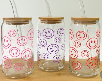 Smiley Face Iced Coffee Glass Cup: 16 oz Beer Can Design