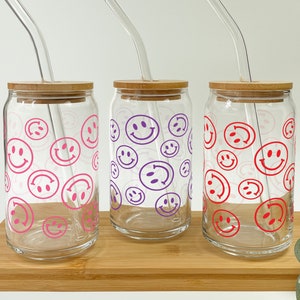 Smiley Iced Coffee Glass, Smile Glass Smiley Face Beer Can Glass Mason Jar Cup Smiley Face Glass Cup Pink Mug Smiley Face Cup