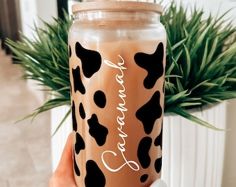 Personalized Cow Print Glass Can Cup: Pink Tumbler with Straw