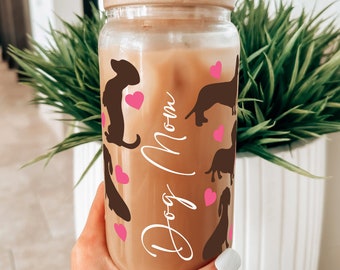 Dachshund Dog Mom 16oz Glass Cup with Lid and Straw, Iced Coffee Dog Lover Gift