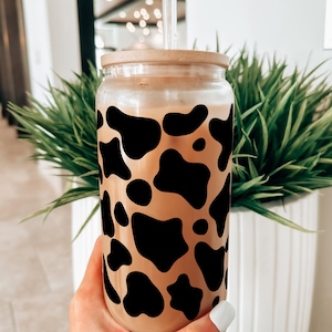 Cow Glass Tumbler, Iced Coffee Glass Cup, Trendy Pattern Aesthetic Coffee Mug, Minimalist Glass Cup, Cow Print Cup Personalized Soda Glasses