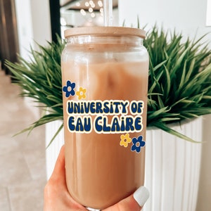 Custom College Merch Iced Coffee Glass, College Logo Cup Name Sports Tumbler Libbey Beer Can Glass,  Personalized College Student Gift Grad