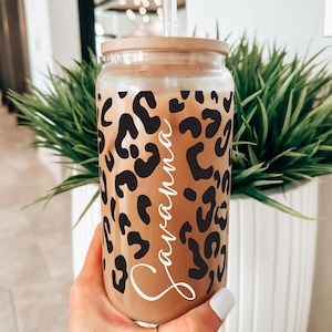 Leopard Iced Coffee Cup Cheetah Personalized Name Iced Coffee Cup Gift, Personalized Iced Coffee Cup Glass, Beer Can Iced Coffee Cup Leopard