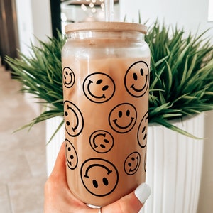 Personalized Smiley Face Glass Cup w/ Bamboo Lid & Straw - 16Oz Minimalist Design, Bridal party Self Care Gifts - Customizable Sustainable