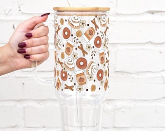 Cinnamon Bun 16oz Glass Cup with Lid and Straw, Pumpkin Spice Fall Print